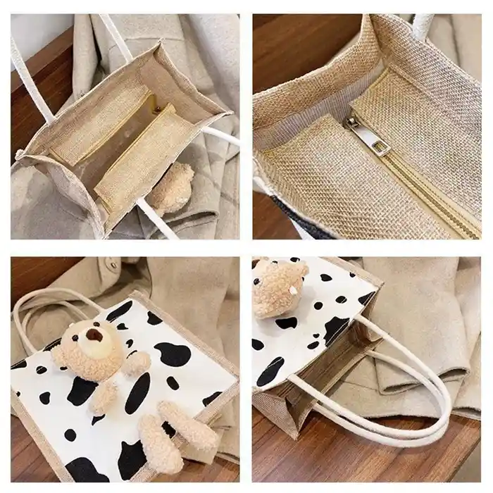 Fermuarlı Jüt Tote Çanta